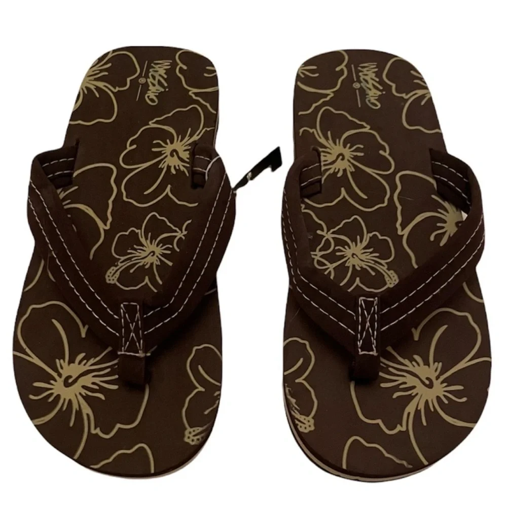 Brown Tropical Flower Flip Flops Casual Floral Unisex Non Gender Kids Size L 3/4